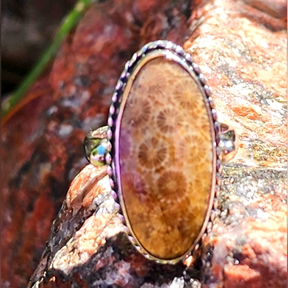 Jewelry - Agatized Coral Solid Sterling Silver 925 Gemstone Ring Sz 7